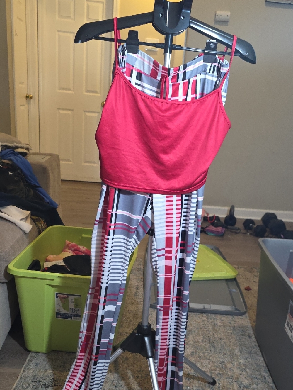 Women’s Pink Plaid Jumpsuit with Solid Tank